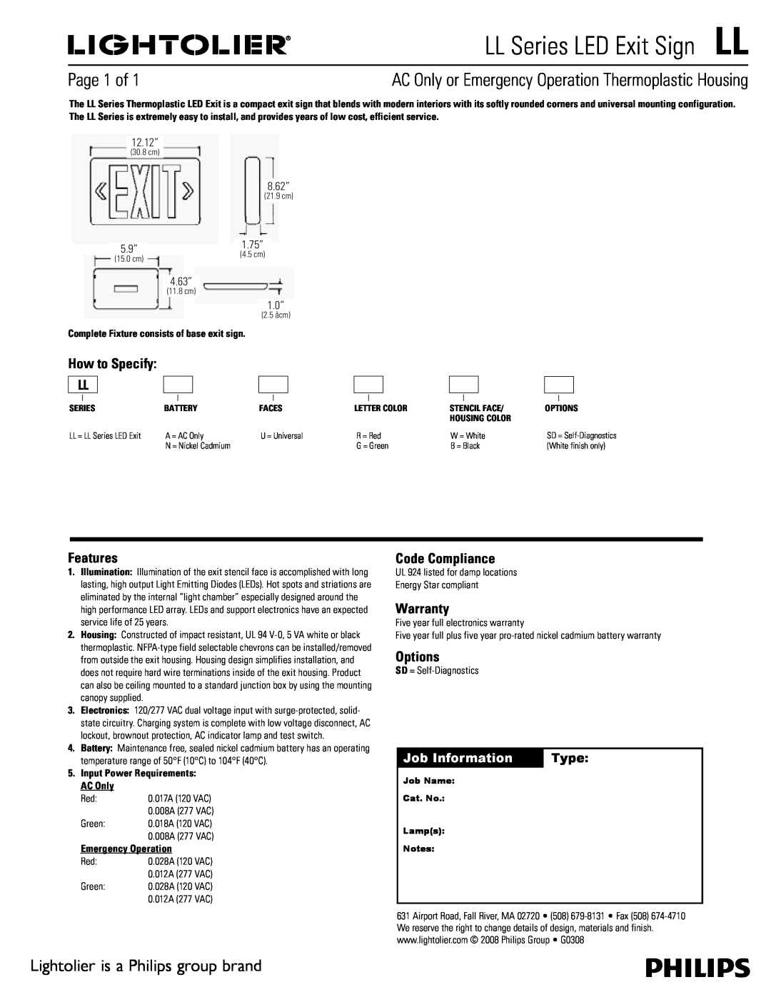 Lightolier warranty LL Series LED Exit SignLL, Page 1 of, Lightolier is a Philips group brand, How to Specify LL, Type 